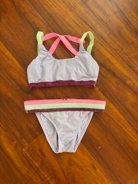 Pilyq Lavender Girls Two-Piece Swim Set with Pink & Lime Straps